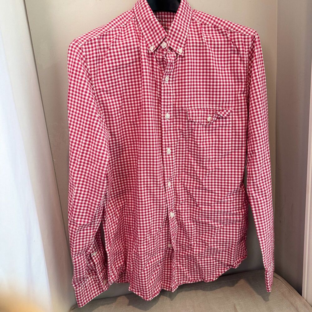 J.Crew Men's M Slim Oxford Shirt Red White Gingham Cotton Button Down